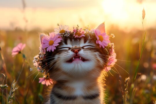 Sunny days happiness. Cute baby cat pixiebob wearing fierce flower circlet on its head. Golden hour in sunset. Cute kitten&acirc;&euro;&trade;s radiant summer glow. Pet&acirc;&euro;&trade;s bright and happy vacation.