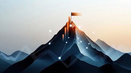 A digital artwork of a mountain peak with a flag on top, symbolizing achievement and success, set against a ba
