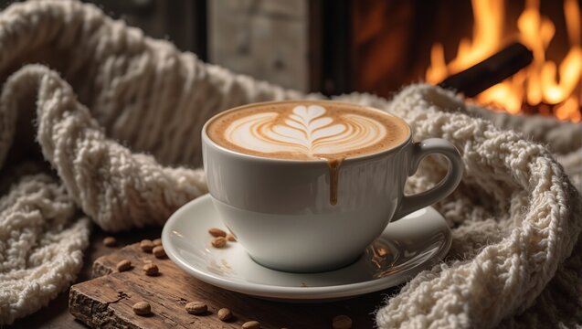Cozy vanilla latte by the fireplace inviting relaxation on a wooden table with a blanket nearby