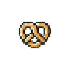 Pixel pretzel icon. Pretzel logo in pixel style 80s, 90s. Pretzel pixel for games, websites, animations. 8bit baking icon. Vector vintage retro pretzel icon.