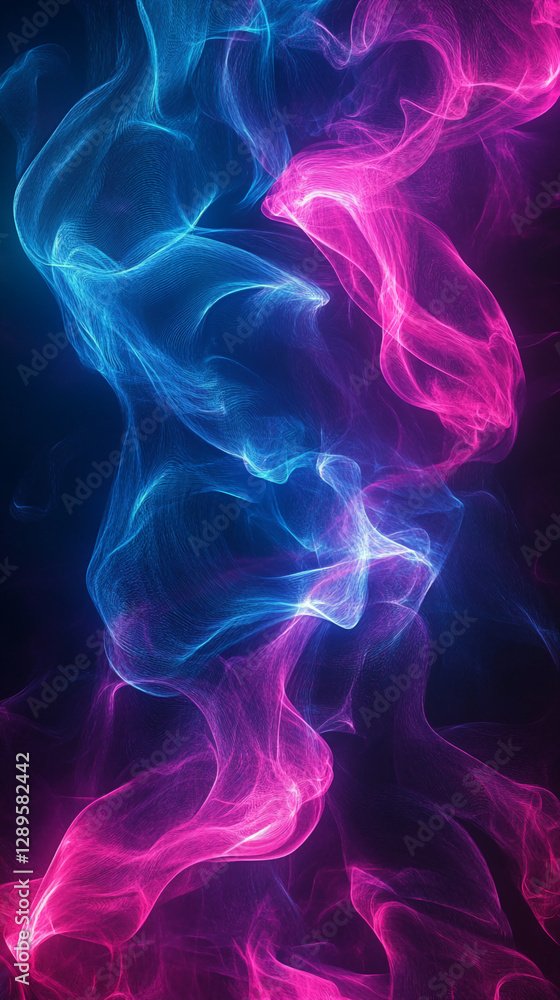 Poster Abstract flowing light waves in pink and blue tones, creating a dynamic and energetic visual effect with soft textures, representing creativity, fluidity, and motion.