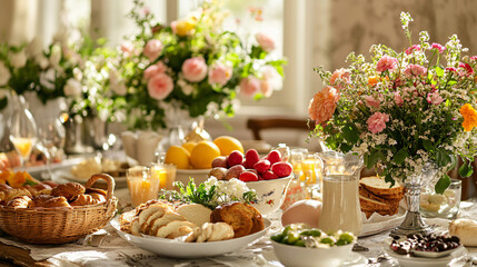 A beautifully arranged breakfast table with fresh flowers, pastries, bread, fruits, and refreshing drinks in a bright setting  
