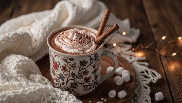 Indulge in a cozy moment with a decadent hot chocolate   a festive treat served in a rustic setting with cinnamon and marshmallows - Powered by Adobe