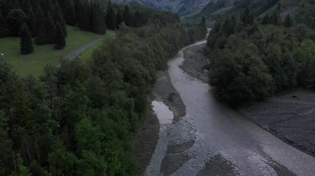 Le Giffre River in Sixt Fer A Cheval Nature Park, Summer Morning Walk in Nature park, french alps, France, 4k drone video