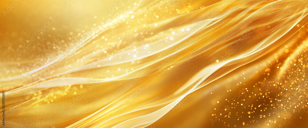 Poster golden silk fabric with flowing waves and sparkling particles, symbolizing elegance, luxury, and war