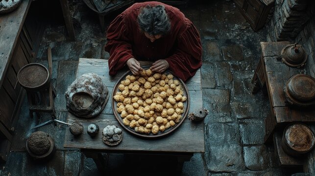 Medieval baker prepares pastries in rustic kitchen