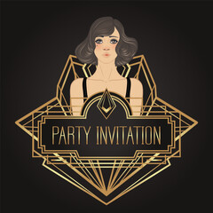 Retro fashion, glamour girl of twenties. Asian pretty woman. Vector illustration. Flapper 20s style. Vintage party invitation design template. Fancy asian lady.
