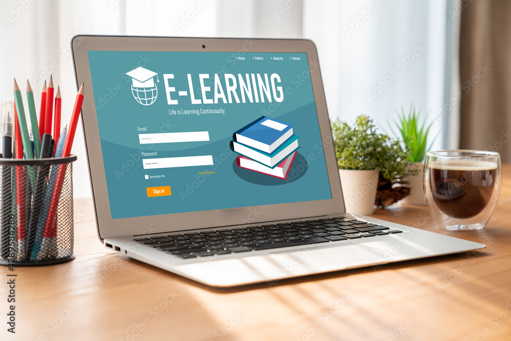 Poster e-learning website with modish sofware for student to study online on the internet network