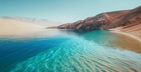 Orilla de una laguna en el desierto, desierto inundado, aguas turquesas y arena del desierto