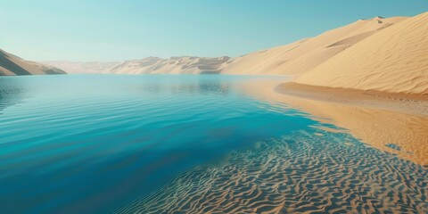 Orilla de una laguna en el desierto, desierto inundado, aguas turquesas y arena del desierto