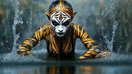 Tiger woman emerging from water with splashing effect