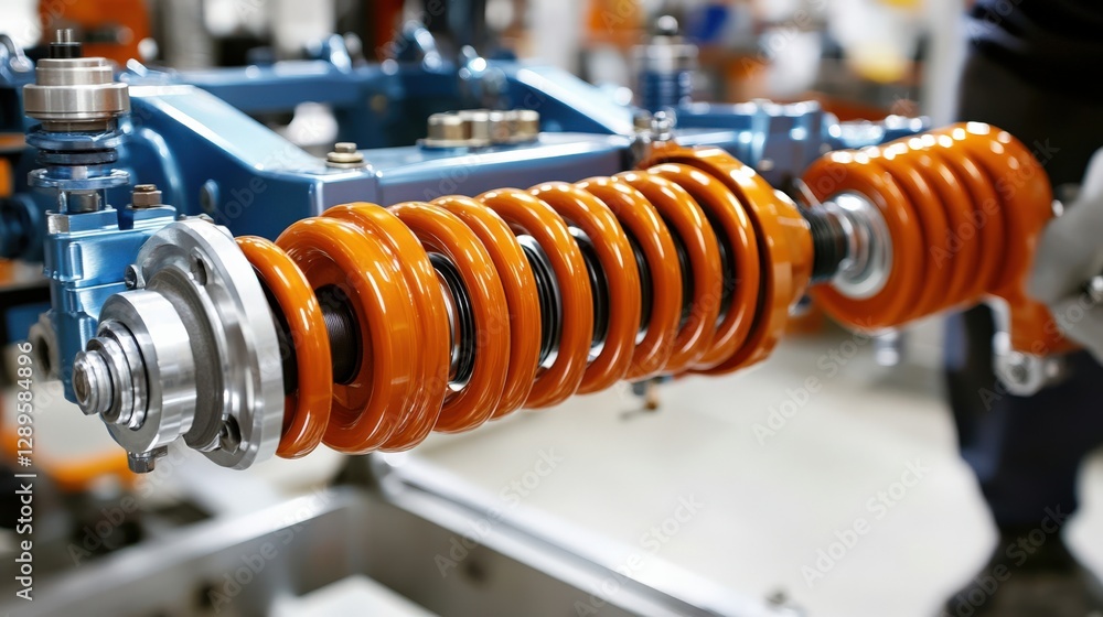 Poster close-up of a bright orange suspension coil spring in an automotive workshop, highlighting precision