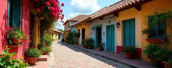 Fototapeta premium Colorful colonial architecture with vibrant flowers , allende, building, blue
