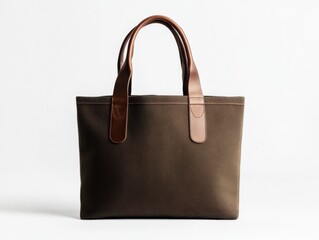 brown tote bag with leather handles on white background