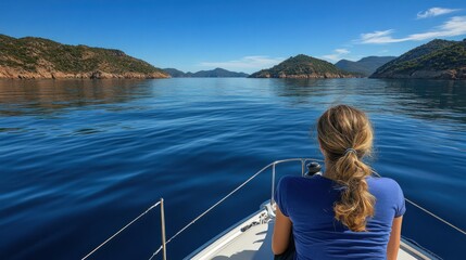 Fototapeta premium A young woman enjoying a serene moment on a boat, gazing over calm waters surrounded by mountains under a clear blue sky during daytime.