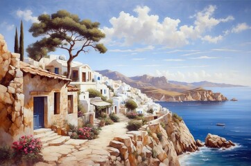 Fototapeta premium Scenic coastal village with white buildings and blue doors overlooking the sea at sunset