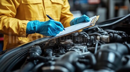 A Skilled Male Mechanic in a Yellow Jacket Inspects a Car Engine in an Auto Repair Shop, Taking Notes on a Clipboard with Blue Gloves On.