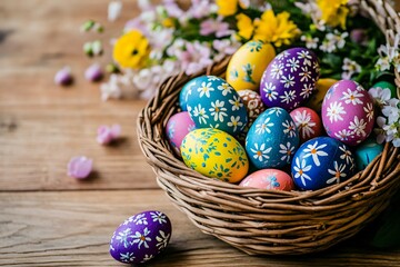 Fototapeta premium A basket of painted eggs sits on a wooden table. The eggs are in various colors and have white designs painted on them. The basket is filled with eggs