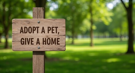 Adoption Sign Encouraging Pet Ownership in a Lush Green Park Setting Invoking Warmth and Community Spirit