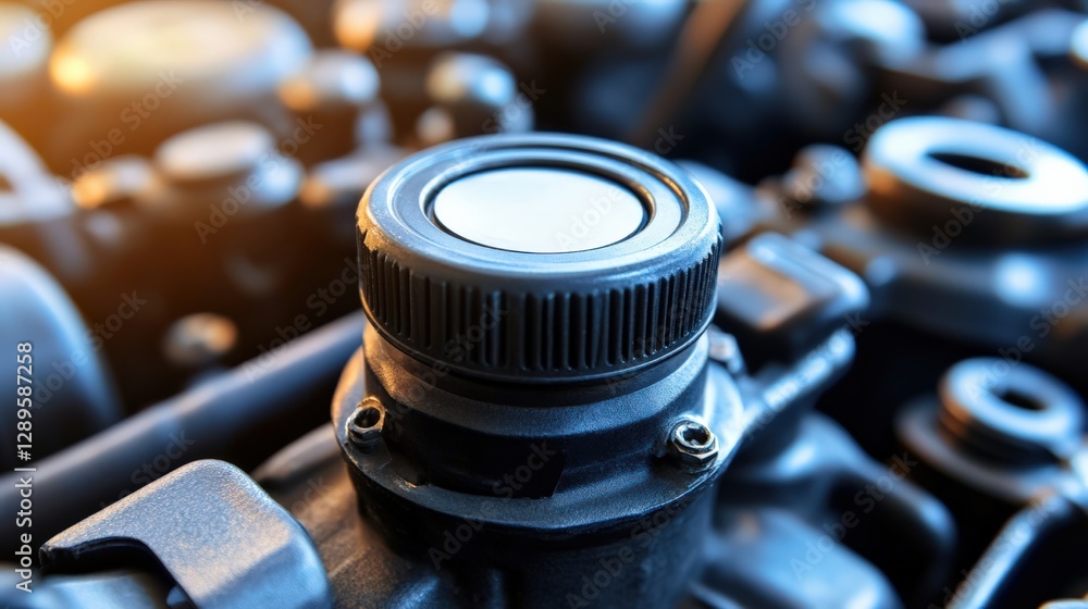 Poster close-up of an engine component: detailed view of the cap on a high-performance automotive engine in
