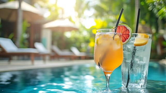 Pink Cocktail by a Swimming Pool with Tropical Plants / 熱帯植物に囲まれたプールサイドのピンクのカクテル