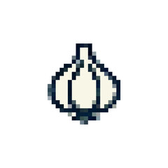 Fototapeta premium Pixel icon garlic. Logo vegetable garlic in pixel style 80s, 90s. Food garlic for games, websites, animations. 8bit icon. Vector vintage icon retro garlic.