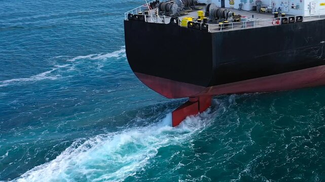 Stern of a large cargo ship or tanker navigating through open sea. Ship's rudder is visible, creating white foam and wake water as it moves. Deck equipped with industrial equipment, including winches
