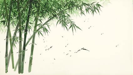 Obraz premium Tranquil Japanese bamboo grove painting with precise ink strokes capturing the swaying movement and peaceful essence of the scene