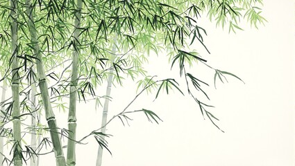 Obraz premium Tranquil Japanese bamboo grove painting with precise ink strokes capturing the swaying movement and peaceful essence of the scene