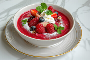 Vibrant Red Berry Smoothie Bowl with Granola and Whipped Cream