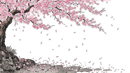 Naklejka premium Delicate cherry blossom petals floating onto a serene stone path in a traditional Japanese ink painting embodying the beauty of impermanence