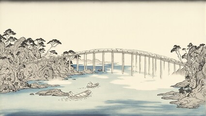 Serene scene of misty river with ancient bridge and drifting boats in traditional Japanese painting style Vintage nostalgic beauty captured