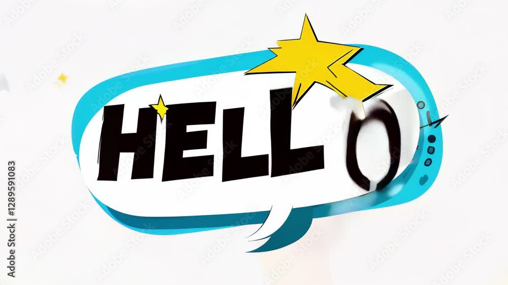 Poster bold comic-style speech bubble with hello text and explosive starburst effect on white background. c