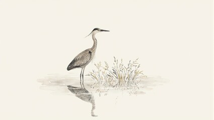 Fototapeta premium Tranquil Japanese watercolor Heron wading in a pond reflecting the peaceful ripples Serene earth tones exude calm