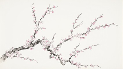 Obraz premium Stunning traditional Japanese painting of a blossoming plum tree in spring showcasing delicate pink and white flowers against stark branches