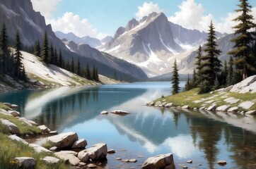 Naklejka premium Mountain landscape with serene lake reflecting surrounding peaks and trees during a clear day