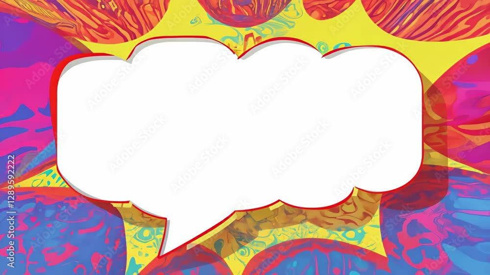 Poster pop art animated sequence where red lips transform into a speech bubble in vibrant comic-style desig