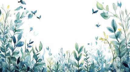 Watercolor painting of elegant leaves and flying insects on white background