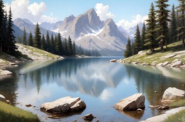 Obraz premium Majestic mountain landscape reflecting on a serene lake surrounded by lush trees and rocky shores