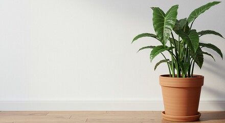 Fototapeta premium Lush green indoor plant in terracotta pot bringing a fresh and vibrant feel to a minimalistic interior space with neutral walls and wooden flooring