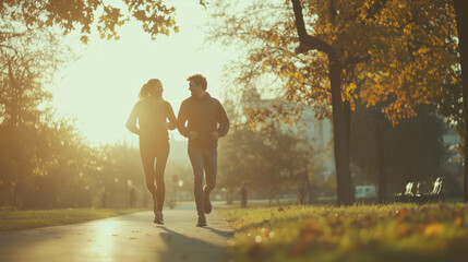 Joyful Romantic Couple Jogging Side by Side in a Lush Vibrant Park Under Soft Morning Sunlight, Radiating Happiness, Energy, and Healthy Lifestyle