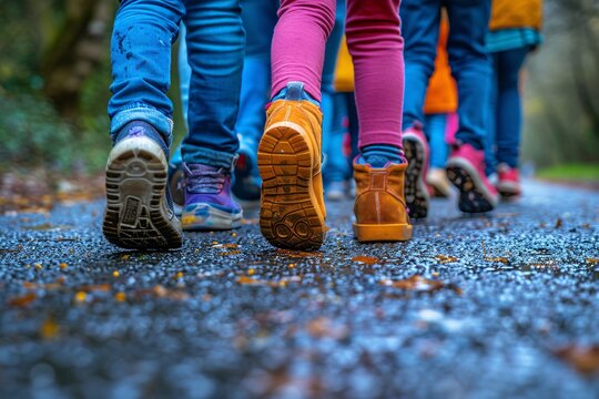 A group of children walks along a damp path covered in fallen leaves in a forest. Their colorful footwear contrasts with the muted surroundings in the early evening light - Powered by Adobe