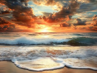 Beachfront scene with dramatic sunset at sunsets sea
