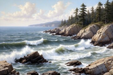 Obraz premium Beautiful rocky coastline with crashing waves and trees under a clear sky