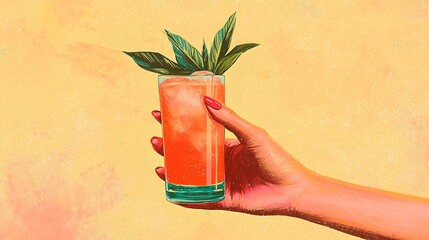 A vintage-inspired illustration a female hand holding a cocktail, designed in a retro reminiscent the 1960s and 70s