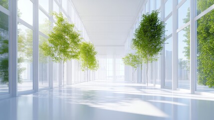 3D rendering of a modern business center with windows and trees. Simple white icon.
