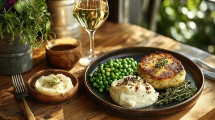 Restaurant patio meal fish cakes, mashed potatoes, peas, wine