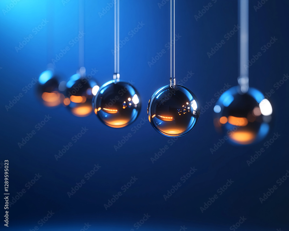 Poster close-up of five metallic spheres hanging with a blue gradient background, showcasing the concept of