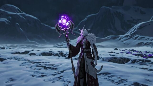 Slow Zoom Video Game Style Clip of a Humanoid Cat Wizard with a Glowing Purple Staff on a Frozen Plain of Snow Surrounded by Mountains. Feline Magic User. 