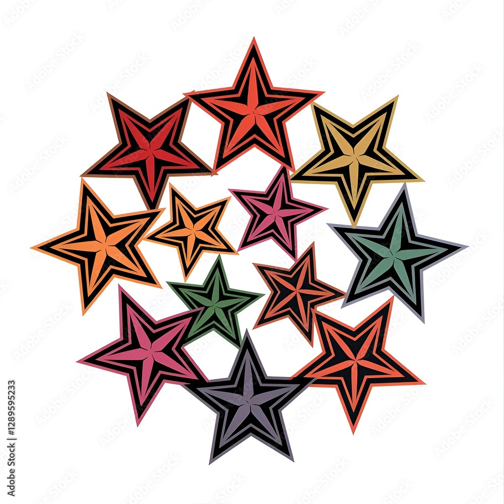 Poster set of bright and bold stars in multiple colors arranged in a circular pattern